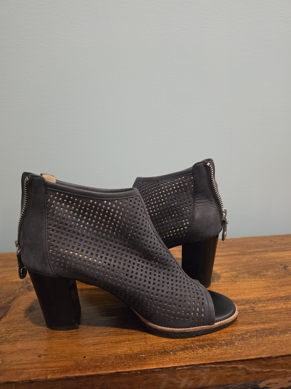 Geox Black Perforated Peep-Toe Block Heel Booties